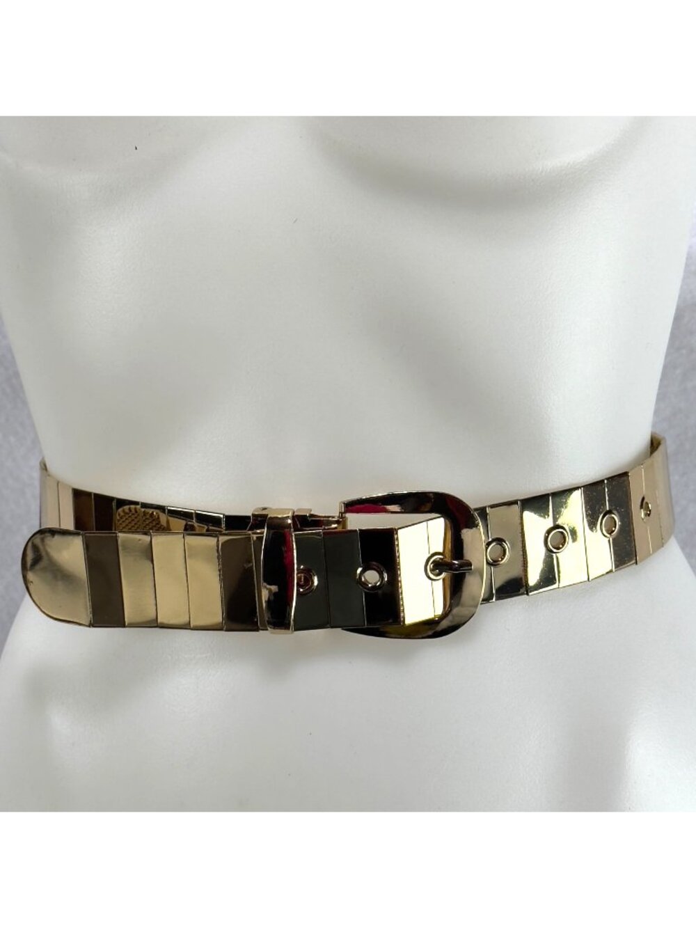 Women's Gold Metallic Adjustable Belt Modern Rectangular Design Polished Buckle